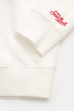 Close-up of sleeve cuff of MC2 Saint Barth Sweatshirt 'Soho' cream, photographed from above, showing pure cotton, soft touch, distinctive vintage print, slim fit, crew neckline, sleeve cuffs with tonal logo stitching, and comfortable ribbed cuffs.