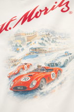 Close-up front view of the MC2 Saint Barth Sweatshirt 'Soho' cream showing a distinctive vintage print with racing cars, pure cotton, soft touch, slim fit, crew neckline, sleeve cuffs with tonal logo stitching, and comfortable ribbed cuffs.