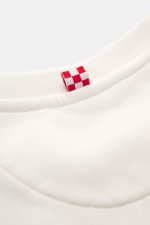 Close-up front view of the MC2 Saint Barth Sweatshirt 'Soho' cream neckline, pure cotton, soft touch, slim fit, crew neckline, distinctive vintage print, sleeve cuffs with tonal logo stitching, comfortable ribbed cuffs.