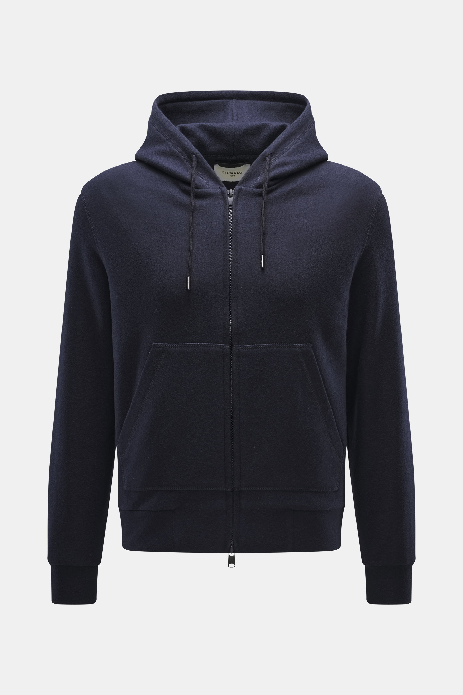 Circolo 1901 Sweatjacke navy, frontal fotografiert, Jersey aus reiner Schurwolle, angeraute Oberfläche, weicher Griff, Slim Fit, Zwei-Wege-Reißverschluss, Kapuze mit Tunnelzug, geteilte Kängurutasche.