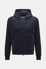 Circolo 1901 Sweatjacke navy, frontal fotografiert, Jersey aus reiner Schurwolle, angeraute Oberfläche, weicher Griff, Slim Fit, Zwei-Wege-Reißverschluss, Kapuze mit Tunnelzug, geteilte Kängurutasche.