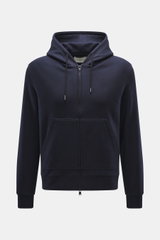 Circolo 1901 Sweatjacke navy, frontal fotografiert, Jersey aus reiner Schurwolle, angeraute Oberfläche, weicher Griff, Slim Fit, Zwei-Wege-Reißverschluss, Kapuze mit Tunnelzug, geteilte Kängurutasche.