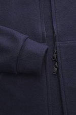 Nahaufnahme der Circolo 1901 Sweatjacke navy von vorne, Jersey aus reiner Schurwolle mit angerauter Oberfläche, weichem Griff, Slim Fit, Zwei-Wege-Reißverschluss, Kapuze mit Tunnelzug und geteilter Kängurutasche.