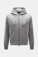 Circolo 1901 Sweatjacke grau meliert, frontal fotografiert, Jersey aus reiner Schurwolle, angeraute Oberfläche, weicher Griff, Slim Fit, Zwei-Wege-Reißverschluss, Kapuze mit Tunnelzug, geteilte Kängurutasche.