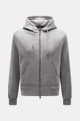 Circolo 1901 Sweatjacke grau meliert, frontal fotografiert, Jersey aus reiner Schurwolle, angeraute Oberfläche, weicher Griff, Slim Fit, Zwei-Wege-Reißverschluss, Kapuze mit Tunnelzug, geteilte Kängurutasche.