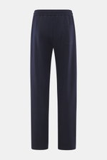 Rear view of Circolo 1901 Wool Jogpants navy in soft pure wool jersey, regular fit, straight cut, elastic waistband with drawstring, side seam pockets, and patch back pocket, showcasing casual sophistication for smart-casual looks.