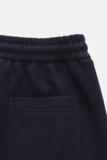Close-up top-back view of Circolo 1901 Wool Jogpants navy showcasing elastic waistband, patch back pocket, soft wool jersey fabric.