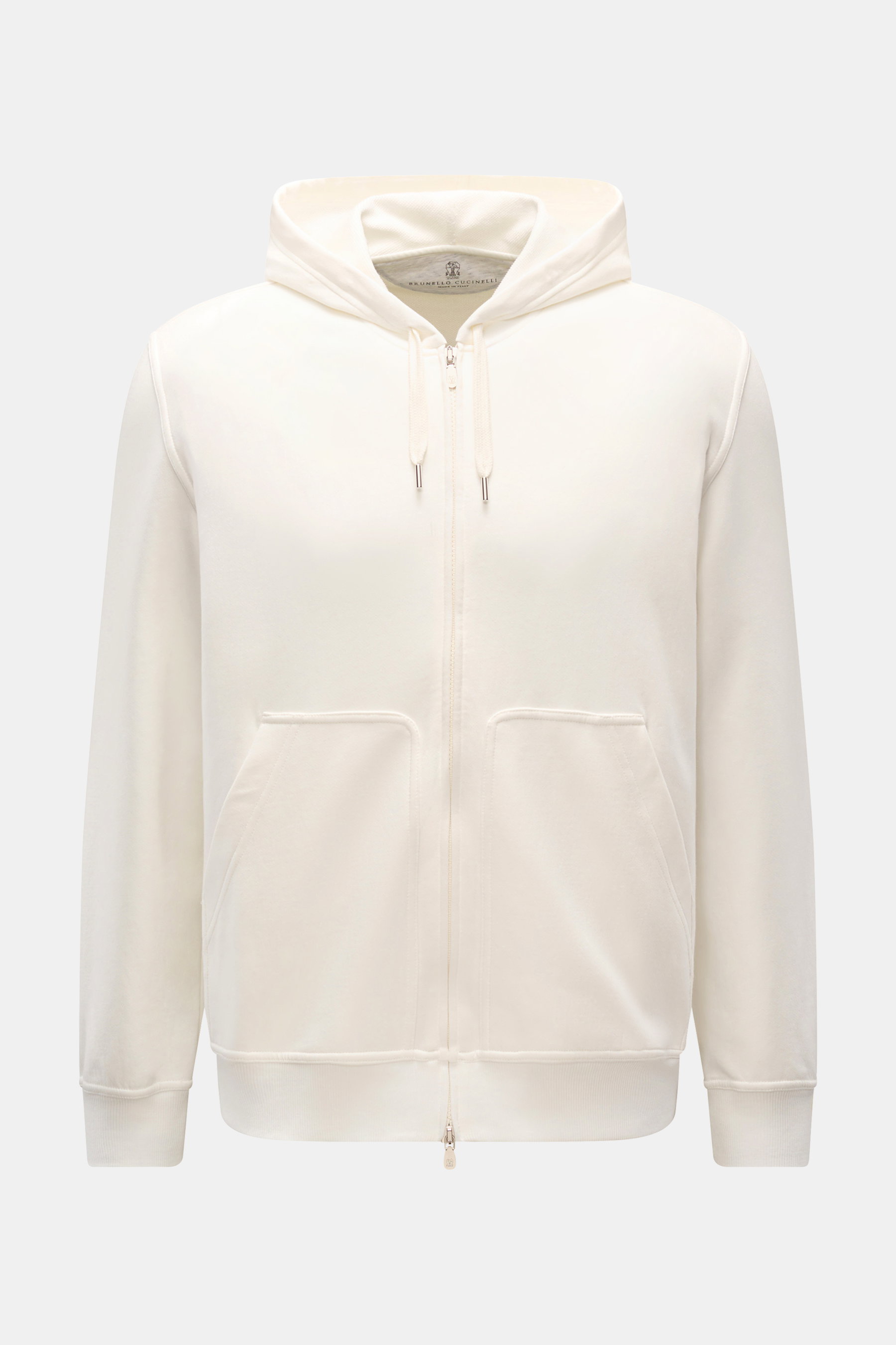Brunello Cucinelli Sweatjacke hellgrau, frontale Perspektive, leichte Baumwoll-Jersey mit Kapuze, Kängurutasche, Rippbündchen, Zwei-Wege-Reißverschluss.