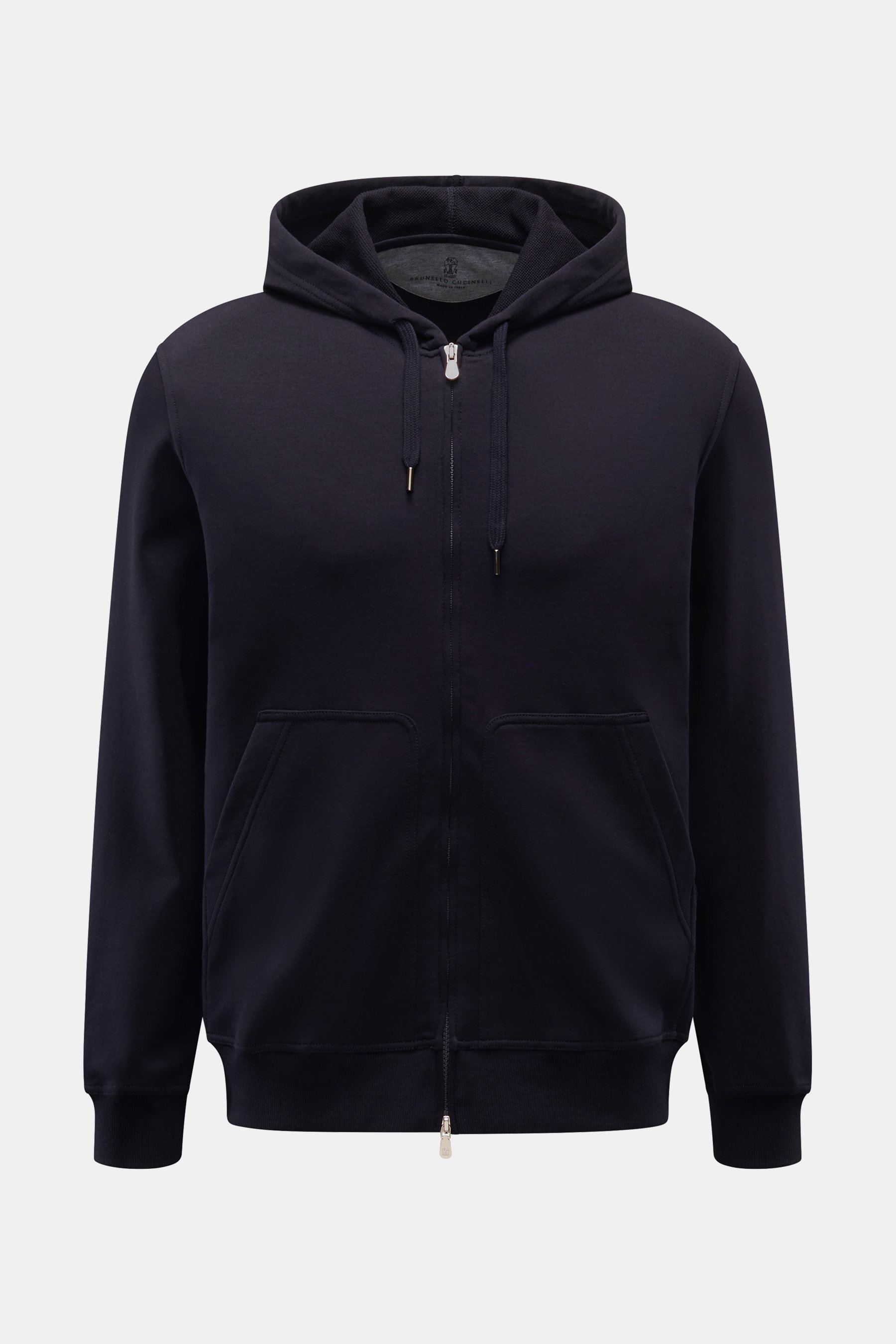 Brunello Cucinelli Sweatjacke navy, leichte Baumwoll-Jersey, Regular Fit, Kapuze mit Tunnelzug, verdeckter Zwei-Wege-Reißverschluss, Kängurutasche, Rippbündchen, Vorderansicht.