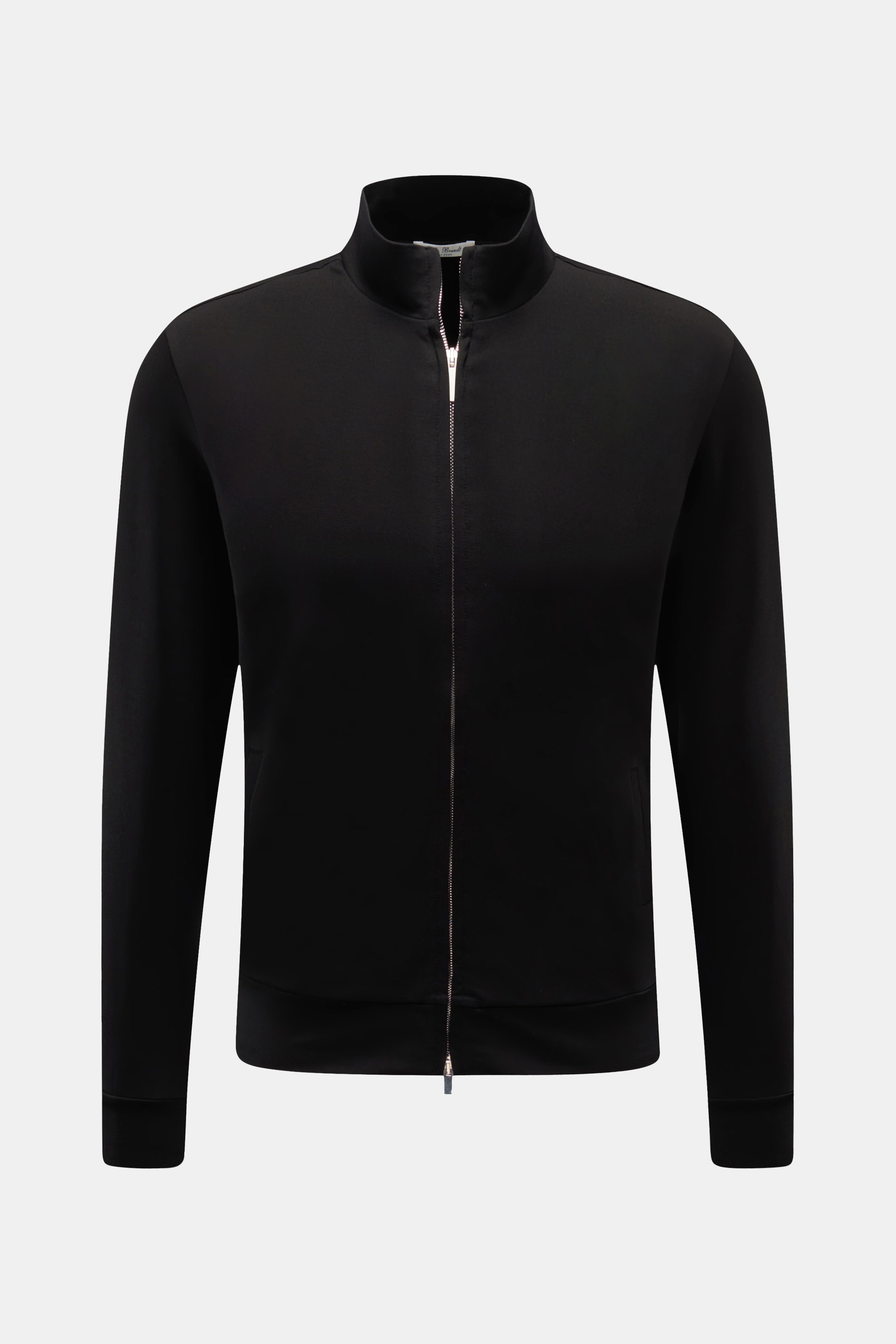 Schwarze Stefan Brandt Sweatjacke 'Joseph' schwarz, Frontansicht, Sweat aus reiner Pima-Baumwolle, Stretch, Slim Fit, Stehkragen, silberfarbener Zwei-Wege-Reißverschluss, schräge Taschen, breite Bündchen, leichte Qualität, geschmeidiger Griff.