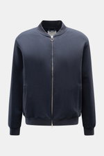 Front view of 04651/ A trip in a bag Sweat jacket 'CL Bomber' navy, garment-dyed, organic cotton and linen blend, with two-way zip, blouson collar, slanted pockets, and ribbed bands for comfort and style.