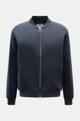 Front view of 04651/ A trip in a bag Sweat jacket 'CL Bomber' navy, garment-dyed, organic cotton and linen blend, with two-way zip, blouson collar, slanted pockets, and ribbed bands for comfort and style.