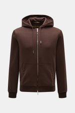 Front view of Moorer Sweat jacket 'Matthew Felpa' dark brown, sporty luxury double-sided knit with two-way zip, drawstring hood, split kangaroo pocket with leather jetted, and ribbed bands, made of viscose and microfibre blend, slim fit, soft feel, and ve