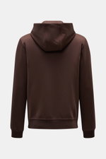Rear view of the Moorer Sweat jacket 'Matthew Felpa' dark brown, showcasing sporty luxury in a soft, slim-fit double-sided knit with a drawstring hood and ribbed bands. Blend of viscose and microfibre, very fine knit, two-way zip, and split kangaroo pocke