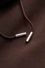 Close-up front view of Moorer Sweat jacket 'Matthew Felpa' dark brown showing soft double-sided knit fabric and drawstring with silver tips.