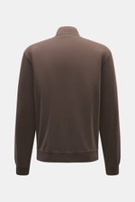 Rückansicht der braunen 04651/ A trip in a bag Sweatjacke 'IF Track' aus super softem, elastischem Baumwoll-Jersey mit hoch schließendem Kragen.