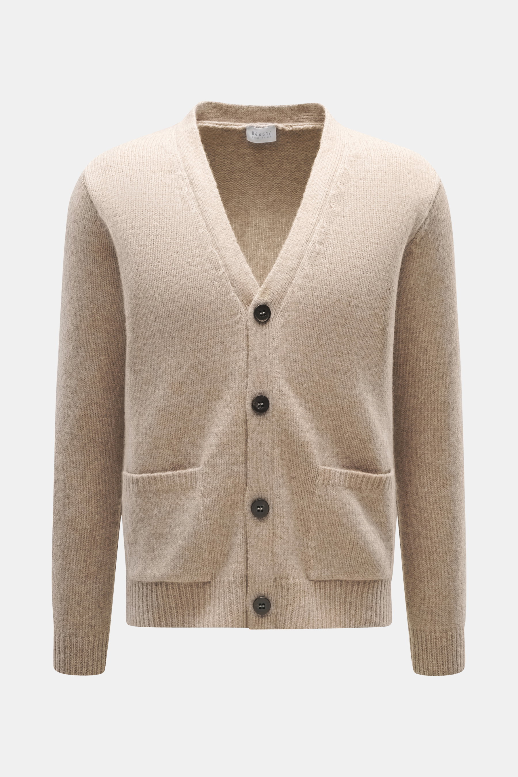 Front view of 04651/ A trip in a bag Cardigan 'Hunter' taupe melange, made of merino wool and microfiber, soft feel, coarse knit, Regular Fit, V-neck, four-button placket, patch front pockets, and ribbed cuffs.