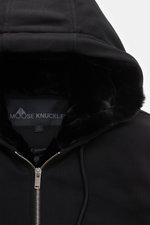 Moose Knuckles Sweatjacke 'Classic Bunny' schwarz, Detailaufnahme von oben, Kapuze mit abnehmbarem Faux-Fur-Futter, leichter Wattierung, Jersey aus Baumwolle und Microfaser, Slim Fit.