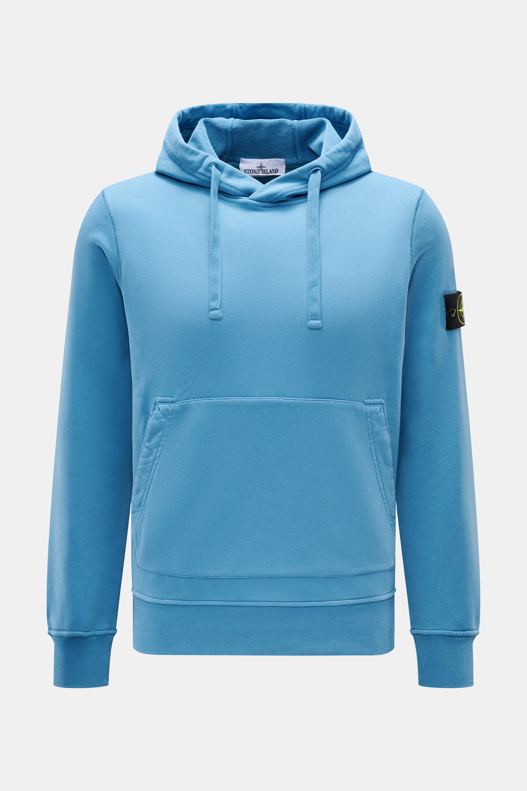 Stone Island Kapuzenpullover blau, frontal, Sweat aus reiner Baumwolle, weicher Griff, garment dyed, Regular Fit, Overlock-Nähte, Kapuze mit Tunnelzug, Kompass-Badge, Kängurutasche, Rippbündchen.