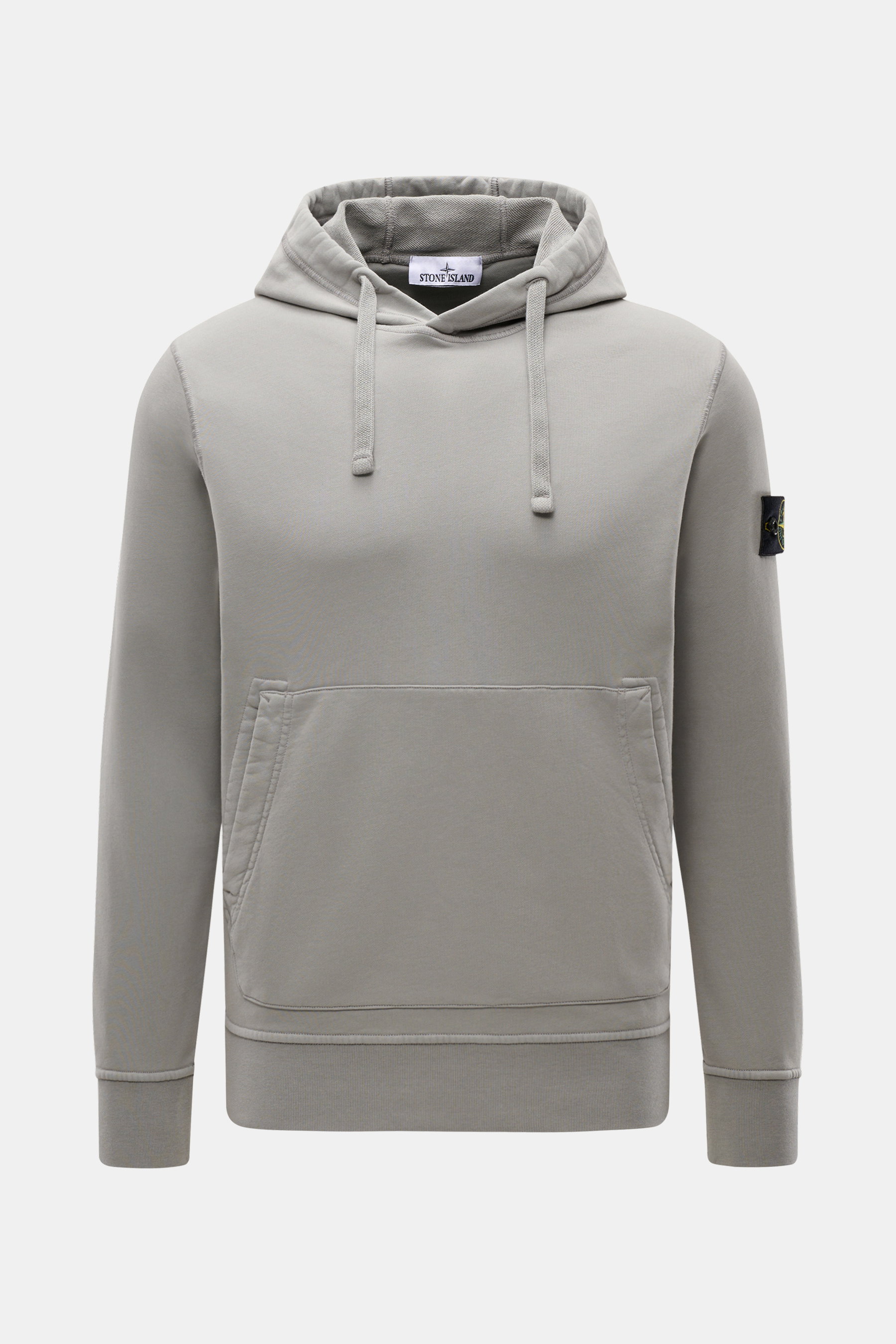 Stone Island Hoodie grey shown from the front, timeless casualwear in pure cotton sweat fabric, soft touch, garment dyed, Regular Fit with kangaroo pocket and ribbed cuffs.