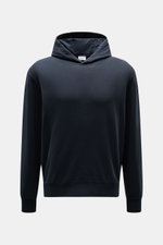 Vorderansicht des navyfarbenen 04651/ A trip in a bag Kapuzenpullover 'IF Hoodie' navy, reine Baumwolle, elastische Qualität, sehr weicher Griff, Regular Fit, praktische Kapuze, kleines Weblabel in der Seitennaht, komfortable Rippbündchen.