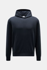 Vorderansicht des navyfarbenen 04651/ A trip in a bag Kapuzenpullover 'IF Hoodie' navy, reine Baumwolle, elastische Qualität, sehr weicher Griff, Regular Fit, praktische Kapuze, kleines Weblabel in der Seitennaht, komfortable Rippbündchen.