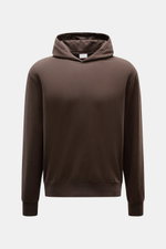 Frontale Nahaufnahme des dunkelbraunen 04651/ A trip in a bag Kapuzenpullover 'IF Hoodie' aus reiner Baumwolle, elastisch, sehr weich, Regular Fit, mit Kapuze, kleinem Weblabel, Rippbündchen.