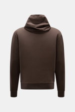 Rückansicht des dunkelbraunen 04651/ A trip in a bag Kapuzenpullover 'IF Hoodie' aus reiner Baumwolle, Regular Fit mit Kapuze, weichem Griff, elastischer Qualität, kleinem Weblabel und Rippbündchen.