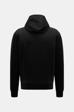 Rückansicht des schwarzen 04651/ A trip in a bag Kapuzenpullover 'IF Hoodie' aus reiner Baumwolle, elastisch, sehr weich, Regular Fit mit Kapuze, kleinem Weblabel, Rippbündchen.