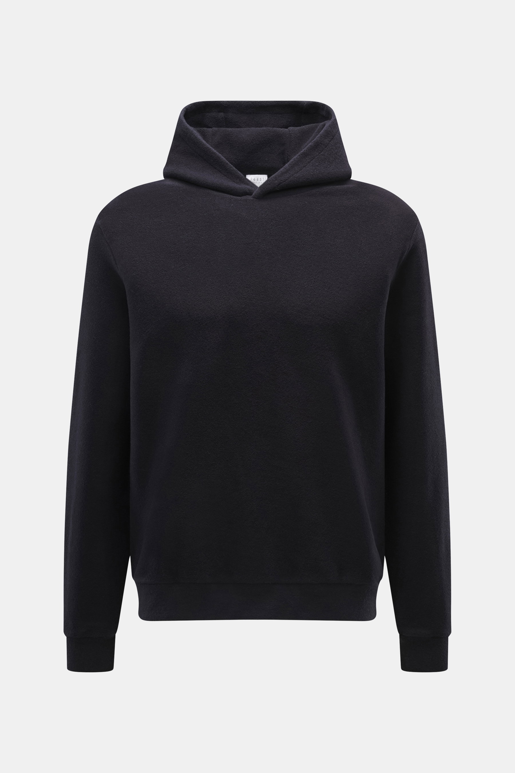 Front view of 04651/ A trip in a bag Hoodie 'CW' navy, a regular fit hoodie with practical hood, soft feel, mix of wool and cotton, small woven label in side seam, and comfortable ribbed cuffs.