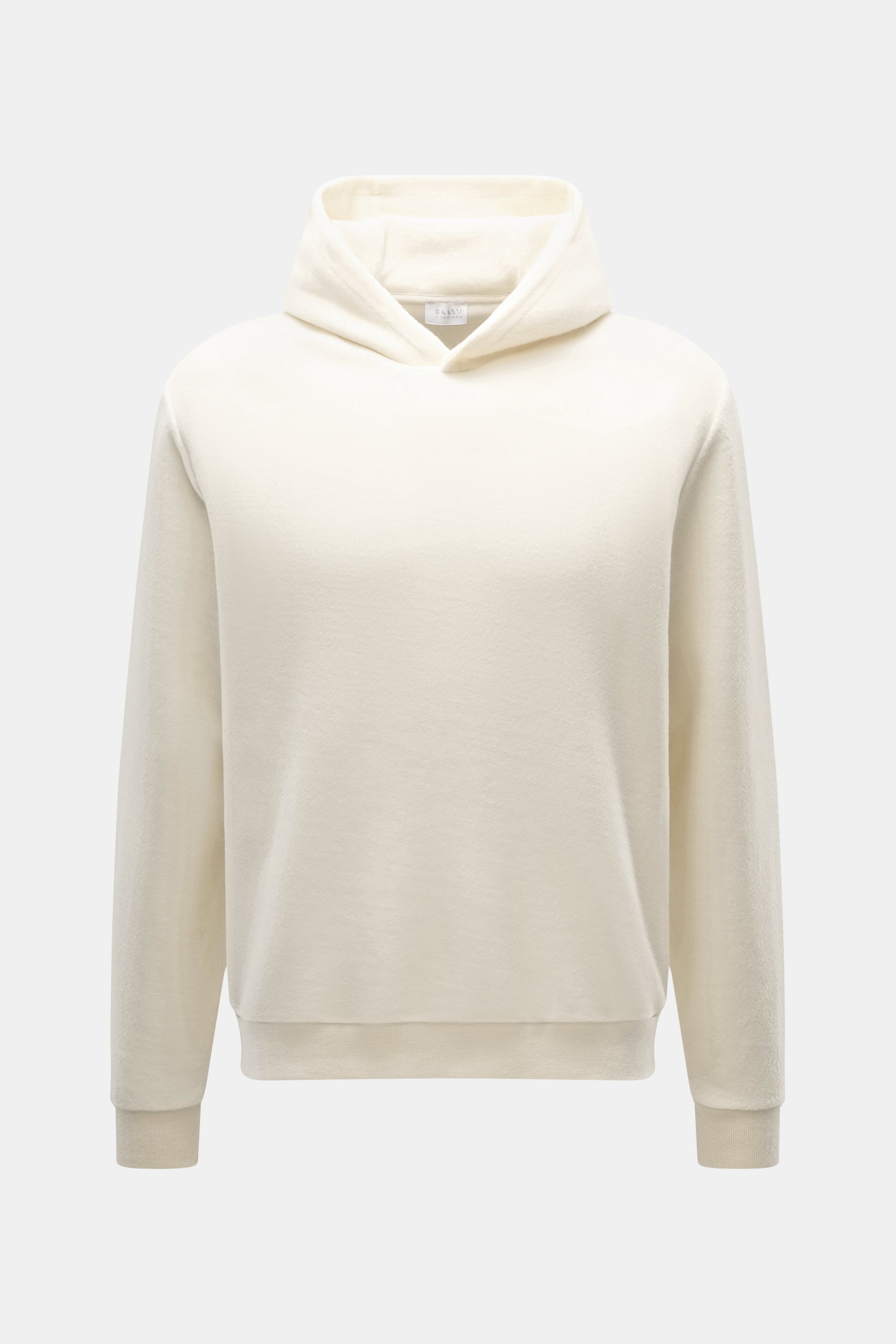 Front view of 04651/ A trip in a bag Hoodie 'CW' cream in soft mix of wool and cotton, regular fit, practical hood, small woven label, and ribbed cuffs.