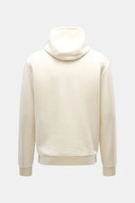 Rückansicht des cremefarbenen 04651/ A trip in a bag Kapuzenpullover 'CW Hoodie' aus Wolle und Baumwolle, Regular Fit, mit Kapuze, kleinem Weblabel, weichem Griff und Rippbündchen.