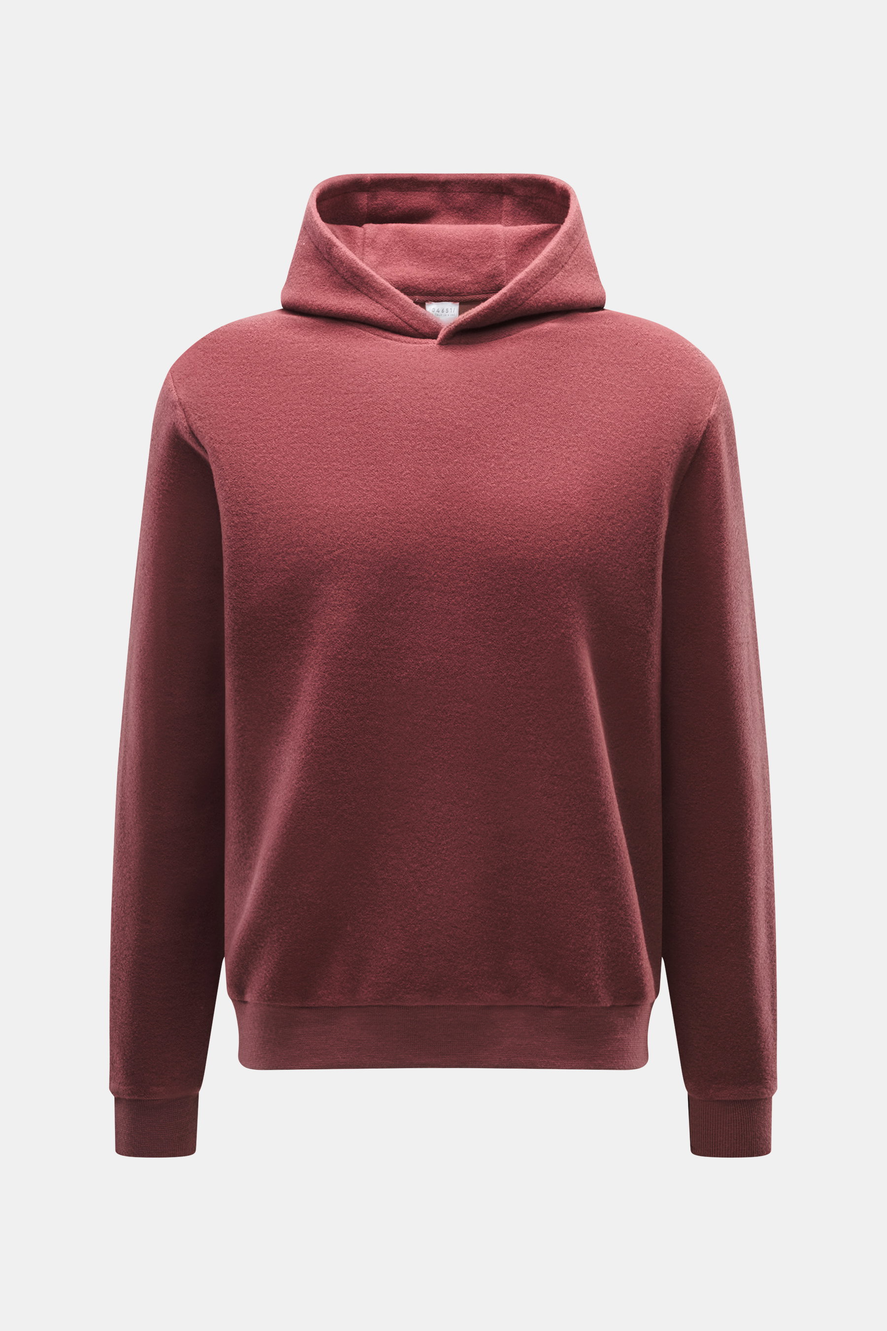 Front view of 04651/ A trip in a bag Hoodie 'CW' reddish brown, made of mix of wool and cotton, soft feel, regular fit, practical hood, small woven label in side seam, comfortable ribbed cuffs.