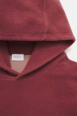 Nahaufnahme aus schräger Frontalperspektive des Kapuzenbereichs vom 04651/ A trip in a bag Kapuzenpullover 'CW Hoodie' rotbraun, Mix aus Wolle und Baumwolle, weicher Griff, Regular Fit, praktische Kapuze, kleines Weblabel in der Seitennaht, komfortable Ri
