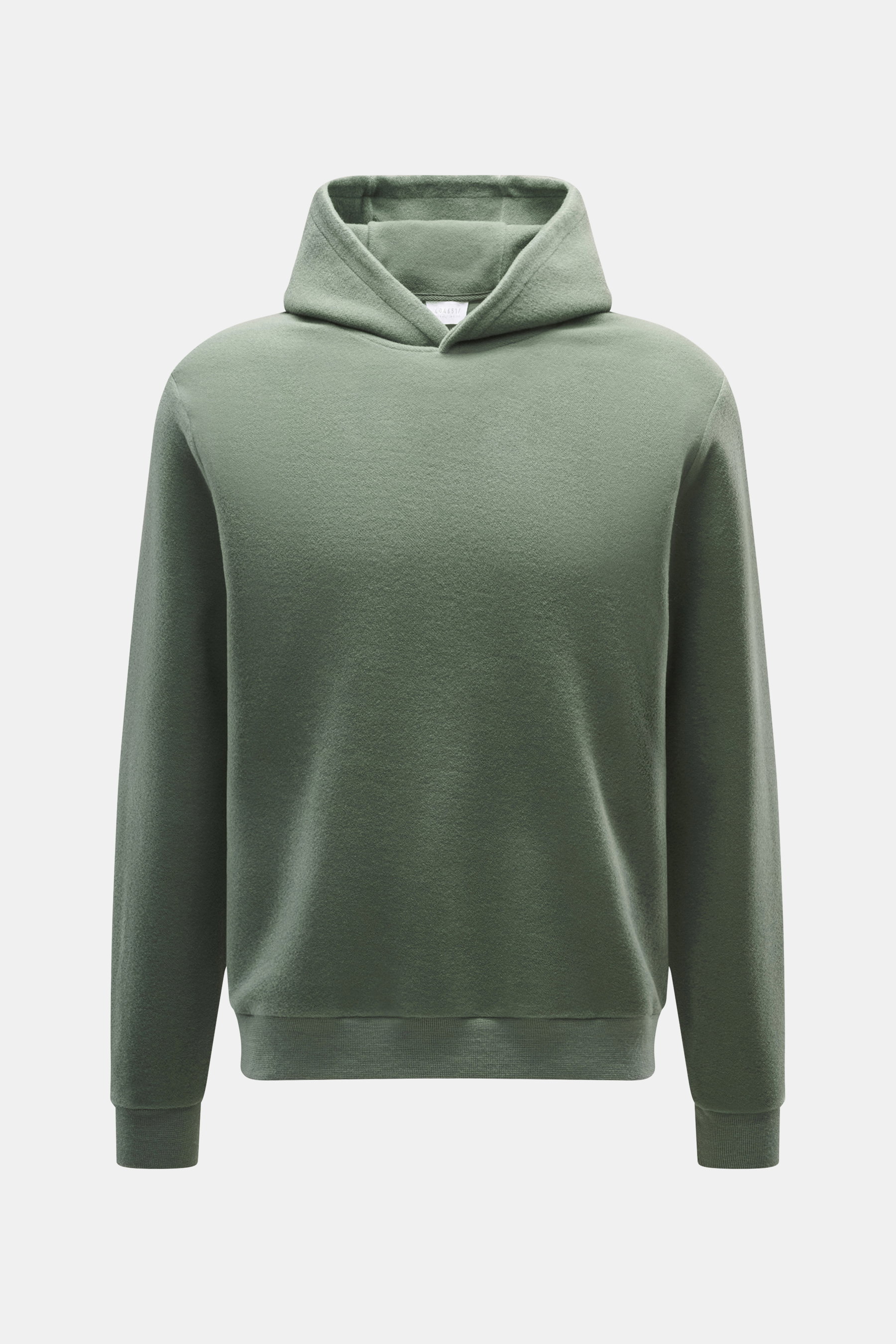 Front view of the 04651/ A trip in a bag Hoodie 'CW' sage in light green, mix of wool and cotton, soft feel, regular fit, practical hood, small woven label in side seam, comfortable ribbed cuffs.