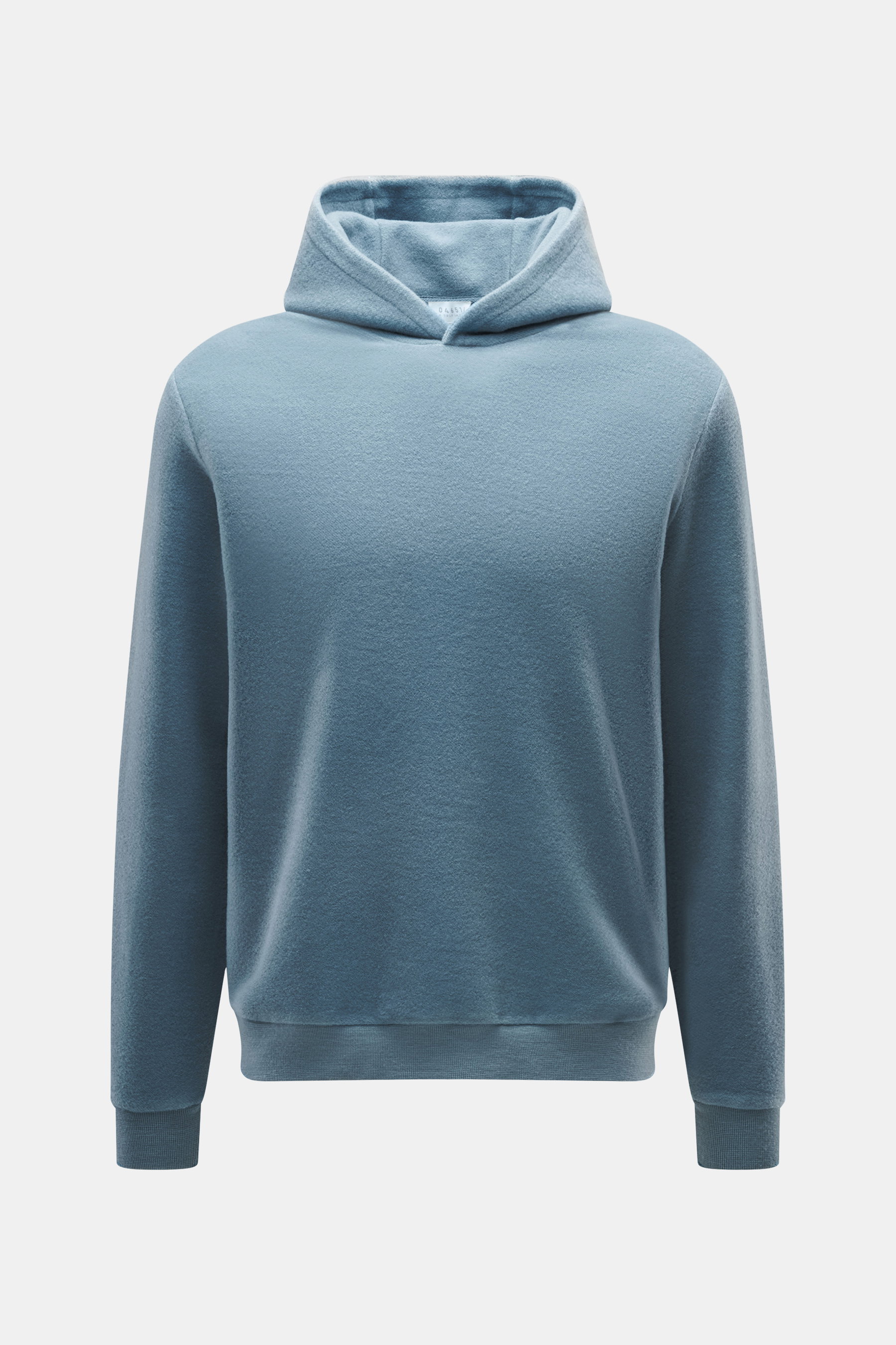 Front view of the 04651/ A trip in a bag Hoodie 'CW' smoky blue, featuring a mix of wool and cotton, soft feel, regular fit, practical hood, small woven label in the side seam, and comfortable ribbed cuffs.