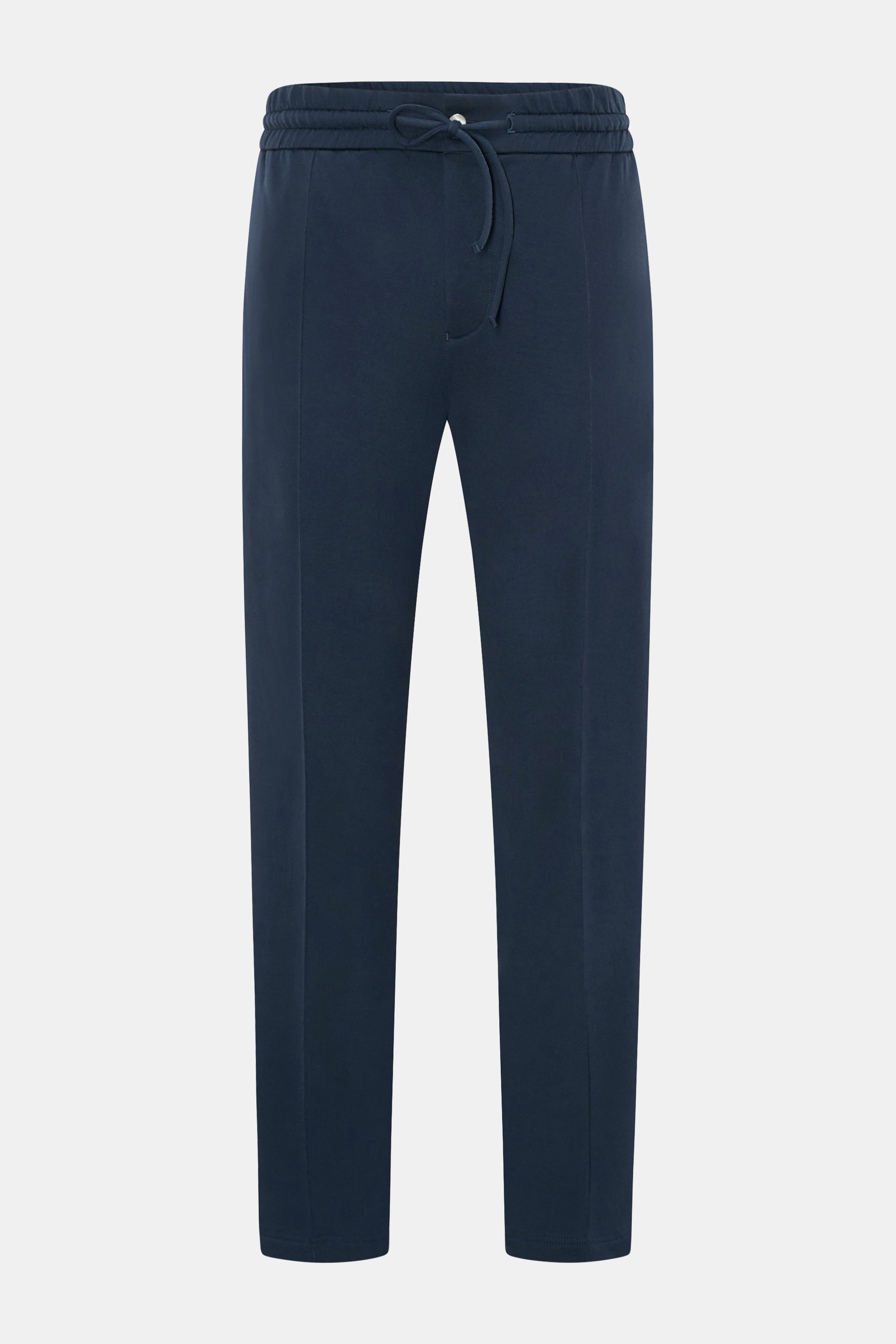 Stefan Brandt Sweathose 'Jonas' dunkelblau, slim fit, kurzer Schnitt, elastischer Bund mit Tunnelzug, Zipper, Knöpfe, Taschen, Pima Baumwolle, weicher Griff, Perspektive frontal.