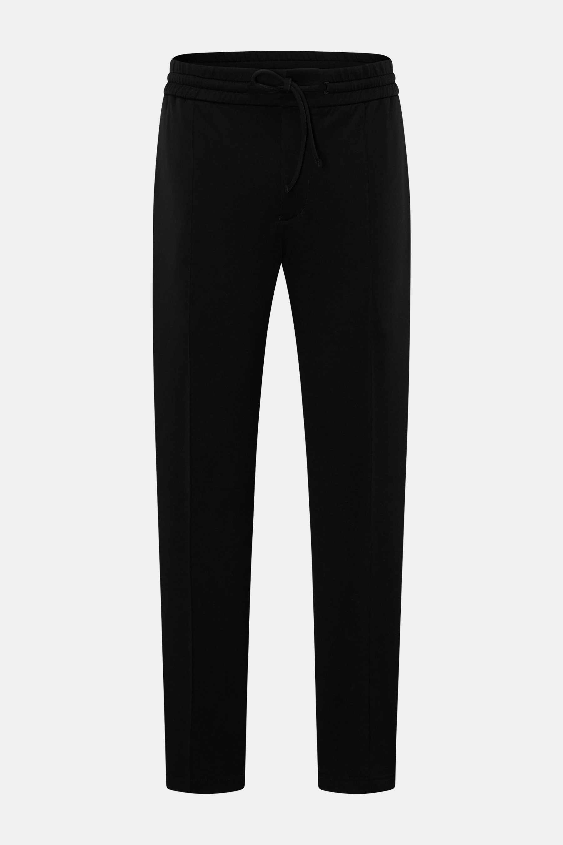 Schwarze Stefan Brandt Sweathose 'Jonas' frontal fotografiert, Slim Fit, kurzer Schnitt, Pima Baumwolle, Stretch, elastischer Bund, Taschen, Biesen.