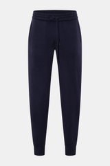 Front view of von Braun Cashmere jogger pants navy, soft, warm, tapered fit with high waist, elastic waistband, drawstring, angled hip and seat pockets. 

<p>VON BRAUN focuses on sporty comfort with these soft, warm cashmere jogger pants made from high-qu