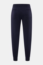 Rear view of von Braun Cashmere jogger pants navy, soft pure cashmere knit, tapered fit, high waist, elasticated waistband with drawstring, angled hip and seat pockets.

Description: 
<p>VON BRAUN focuses on sporty comfort with these soft, warm cashmere j