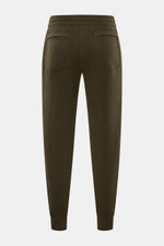 Rear view of von Braun Cashmere jogger pants dark olive, showing tapered fit, high waist, elasticated waistband with drawstring, faux fly, angled hip pockets, and seat pockets in soft, warm cashmere knit.

<p>VON BRAUN focuses on sporty comfort with the