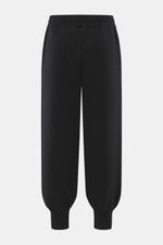 Front view of Ami Paris Merino jogpants black made of pure merino wool, soft touch, loose fit, high elastic waistband with drawstring, leather logo, ribbed cuffs, and side pockets.