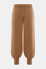 Front view of Ami Paris Merino jogpants light brown made of pure merino wool, soft touch, loose fit, high elastic waistband with drawstring, leather logo detail, comfortable ribbed cuffs, and side pockets.