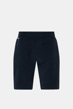 Front view of 04651/ A trip in a bag 'Terry' shorts navy made of soft pure cotton terrycloth with elastic waistband, drawstring, and pockets.

<p>With the model 'Terry' 04651/ A TRIP IN A BAG presents a comfortable pair of shorts in wonderfully soft terry
