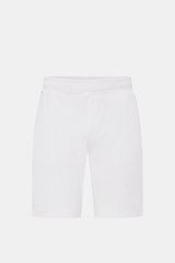 Frontale Nahaufnahme der 04651/ A trip in a bag Frottee-Shorts 'Terry' weiß aus weichem Baumwoll-Frottee, Regular Fit, elastischem Bund mit Tunnelzug, französischen Taschen, kleinem Weblabel in der Seitennaht und Leistentasche am Gesäß, garment dyed, idea