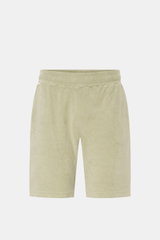 04651/ A trip in a bag Frottee-Shorts 'Terry' salbei, frontale Ansicht, weiche Baumwoll-Frottee, Regular Fit, elastischer Bund mit Tunnelzug, französische Taschen, kleines Weblabel, Leistentasche am Gesäß.