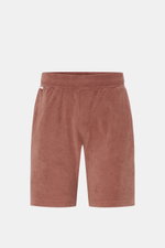 04651/ A trip in a bag Frottee-Shorts 'Terry' rostbraun, frontale Produktansicht, weiche Baumwoll-Frottee-Shorts mit elastischem Bund, Tunnelzug, französischen Taschen und Leistentasche am Gesäß.