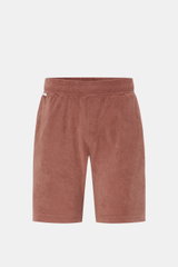 04651/ A trip in a bag Frottee-Shorts 'Terry' rostbraun, frontale Produktansicht, weiche Baumwoll-Frottee-Shorts mit elastischem Bund, Tunnelzug, französischen Taschen und Leistentasche am Gesäß.