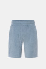 Frontale Nahaufnahme der 04651/ A trip in a bag Frottee-Shorts 'Terry' rauchblau aus weichem Baumwoll-Frottee mit elastischem Bund, Regular Fit, Taschen.