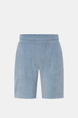 Frontale Nahaufnahme der 04651/ A trip in a bag Frottee-Shorts 'Terry' rauchblau aus weichem Baumwoll-Frottee mit elastischem Bund, Regular Fit, Taschen.